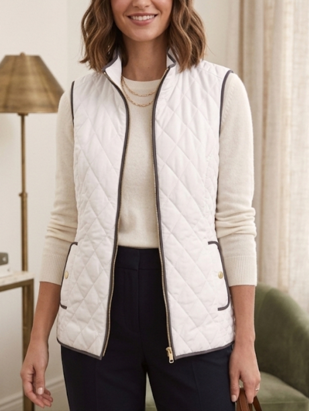 Charter Club Quilted Vest Cream Sleeveless Zip Front Classic Chic PM